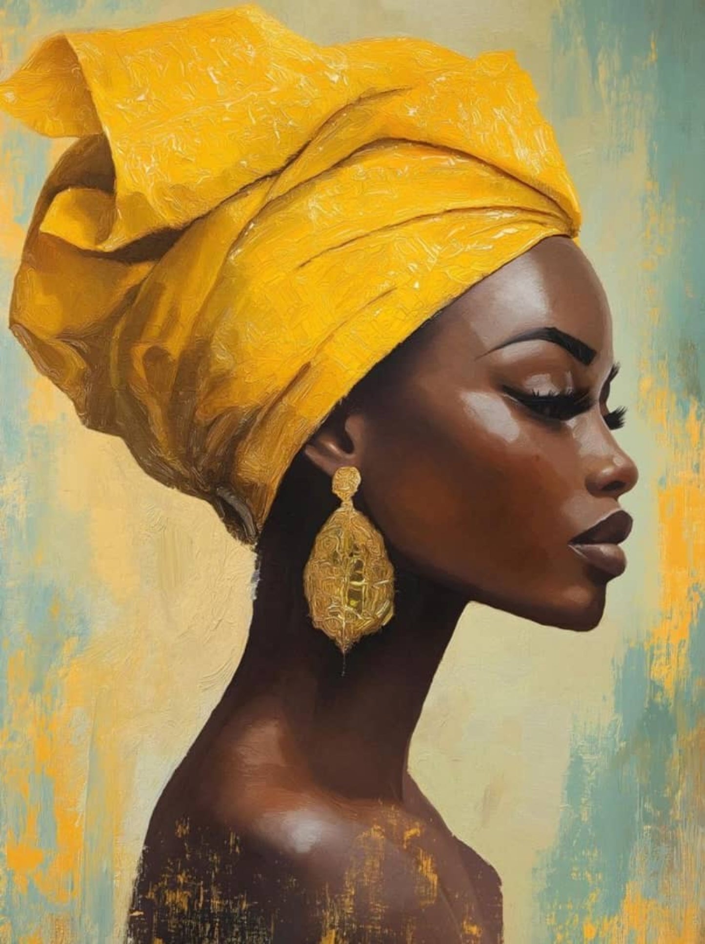 Queen in the Rainbow Turban portrait – African woman in gold headwrap, oil on canvas by Casa de Viva
Hand-painted African art for modern interiors
Elegant female portrait painting in warm tones and textured style