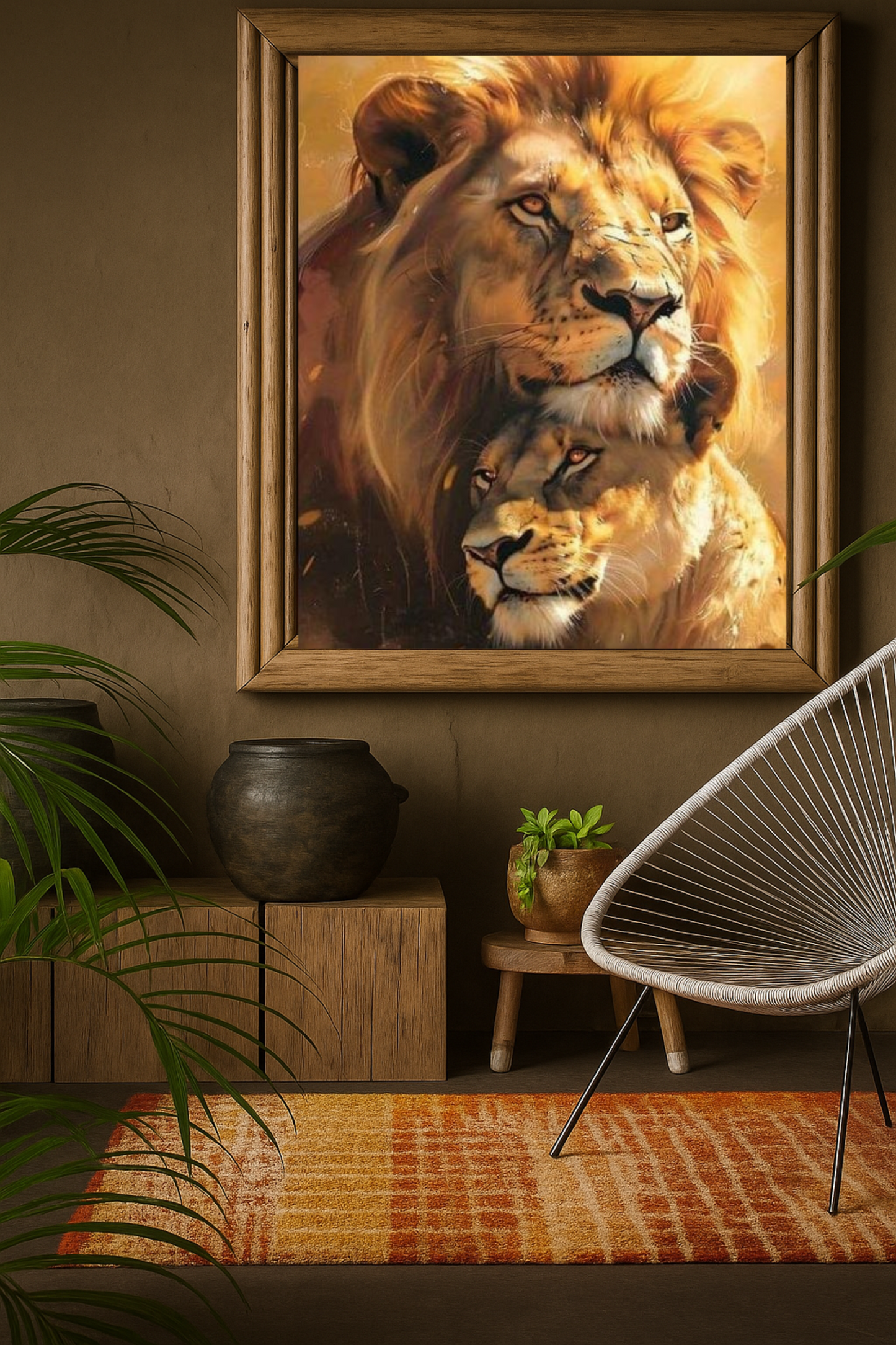 Framed artwork of a lion on a wall in a room with a chair and plants.