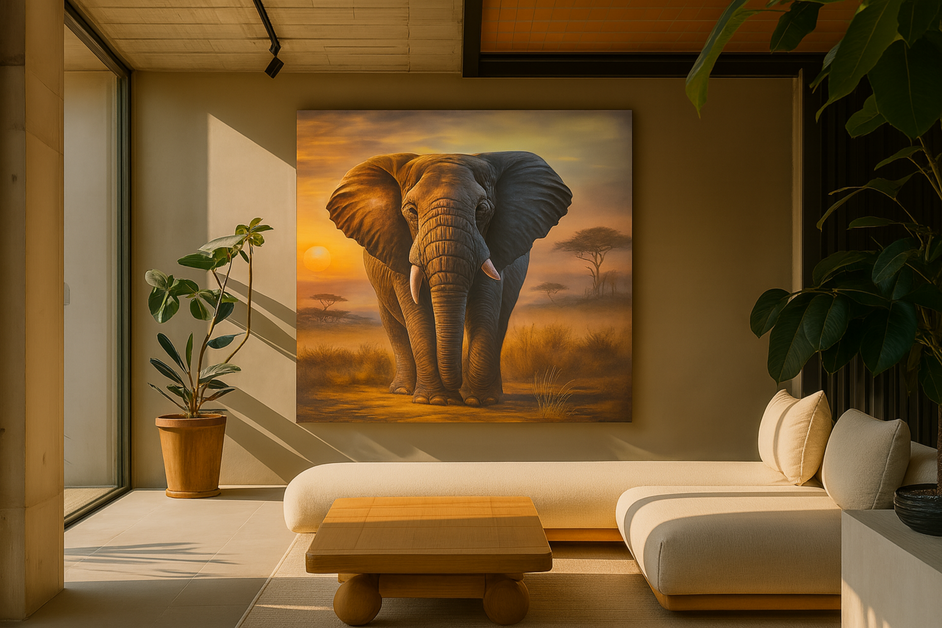 Living room with a large elephant painting on the wall, potted plant, and modern furniture.