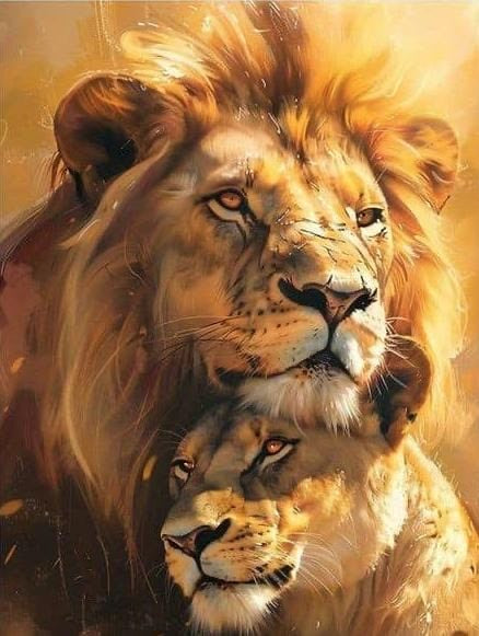 Majestic Bond painting on wall — lion and lioness in warm tones by Casa de Viva