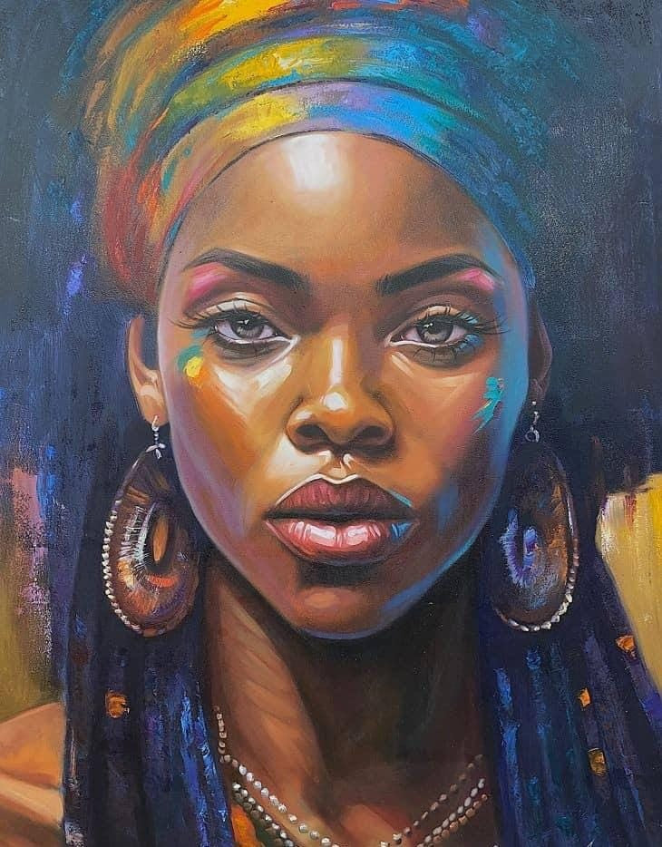 Colorful portrait of a woman with a headscarf and large earrings on a dark background