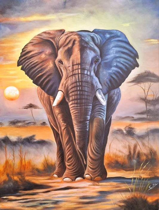 Painting of an elephant in a savanna landscape with a sunset.