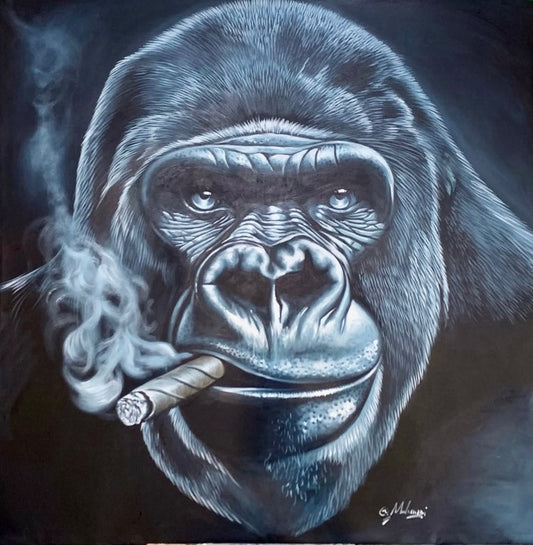 Artistic depiction of a gorilla smoking a cigar with a dark background