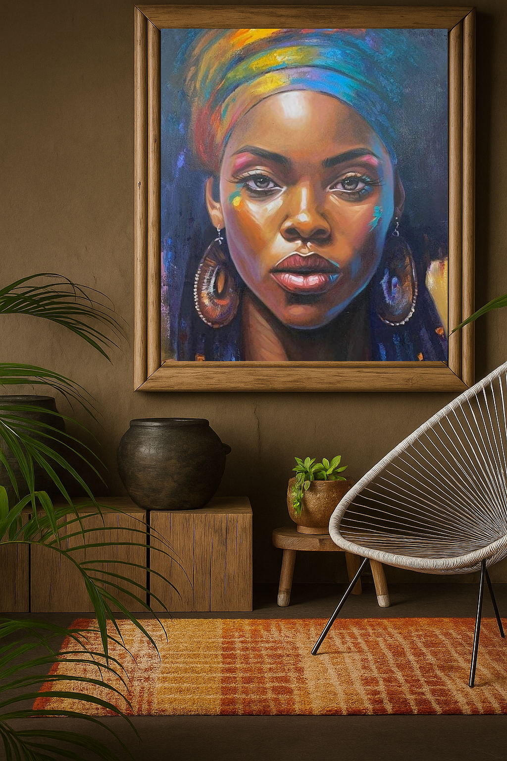 Framed portrait of a woman with a colorful headscarf in a room with a rug and chair.